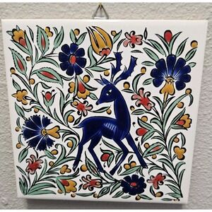 Vtg Ceramic Tile 6" Deer Scene KOUTOUNIS Rhodes Greece 1.8" Thick Hanging Loop